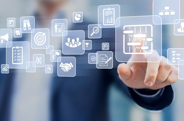 Manager Touching Project Management Icons Manager Touching Project Management Icons